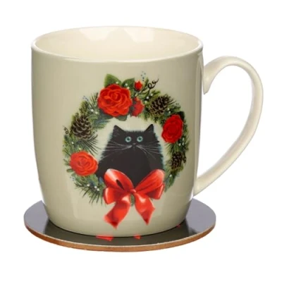 Image of Puckator Kim Haskins Christmas Wreath Cat Porcelain Tea Coffee Mug &amp; Coaster Set Funny Home Accessories Cute Gifts for Girlfriend Large Mugs Men Women Hot Drinks Cups Presents Secret Santa Gift