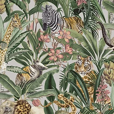 Image of Safari Floral Animal Fusion Wallpaper Grey/Silver Metallic/Green/Multi Holden 13014 Giraffes, Elephants, Tigers