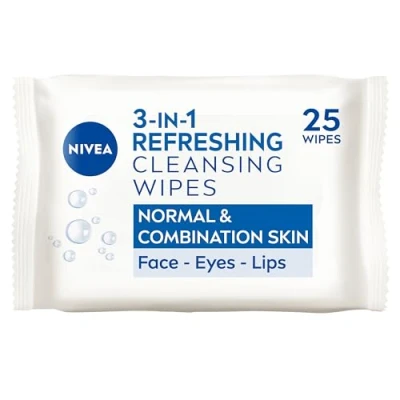 Image of NIVEA 3in1 Refreshing Cleansing Wipes Normal Skin and Combination (25 Wipes), Plant Based Makeup Remover Face Wipes, Gentle Yet Effective Removal