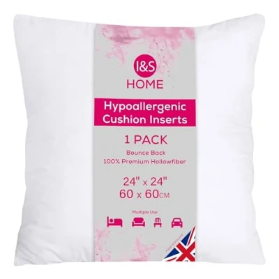 Image of I&amp;S Home Cushion Inserts 60cm x (24&quot;x24&quot;) Square Inner Pads Bounce Back Polyester Filler Hypoallergenic Scatter Cushions for Sofa and Couch Pack of 1