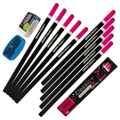 Image of Kores Classic+ Writing Pencils, BLACK Bonded Dark Lead Pack of 10, Wood Pencils Sharpener Eraser Pack, Ideal for School Office Home Nursery Use