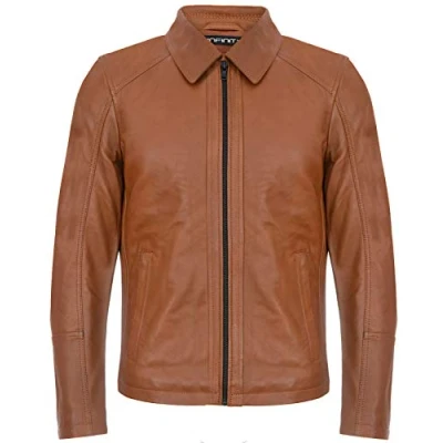 Image of Men&#039;s Smart Classic Tan Leather Harrington Biker Jacket 3XL