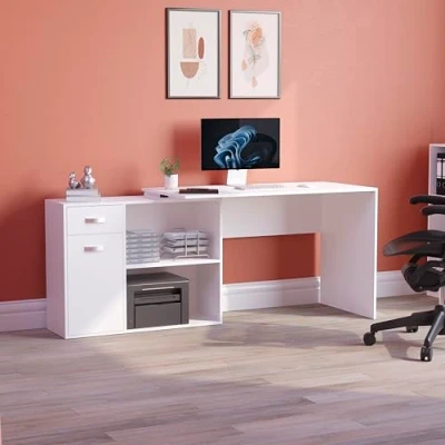 Image of Vida Designs Longton Adjustable, L Shaped Computer Desk with Shelves, Drawer and Door, Home Office PC/Laptop Table, Gaming Study Workstation, Furniture, White