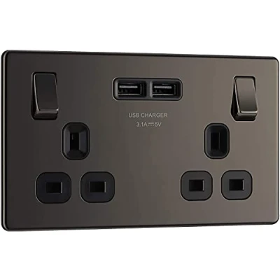 Image of 2 x Screwless Flat Plate Double Switched Fast Charging Power Socket with Two USB Ports, 13 A, Black Nickel, 16.3 cm*18.0 cm*3.1 cm