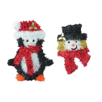 Image of Set of 2 Tinsel Wall Door Hanging Christmas Decorations Penquin &amp; Snowman Face