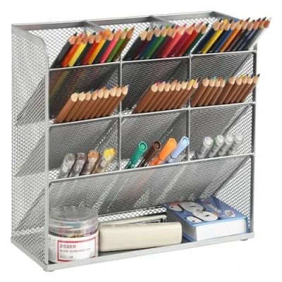 Image of Marbrasse Mesh Desk Organiser,Pen Holders Tidy,Desktop Stationary Storage Organiser for School Home Office Art Supplies(Silver)