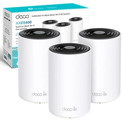 Image of TP Link Deco XE75 AXE5400 Whole Home Mesh Wi Fi 6E System, Tri Band, Gigabit Ports, AI Driven Mesh, cover up to 7,200 ft2, Connect 200 devices,1.7 GHz Quad Core CPU, HomeShield, Pack of 3