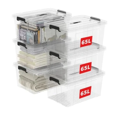 Image of Cetomo 65L*6 Storage Boxes, Carry Plastic Box with Lids, Organizing Container Handle and Secure Latching Buckles, Stackable, Nestable, Tote Bin for Home Office Clothes, 65L 6Pack, Clear