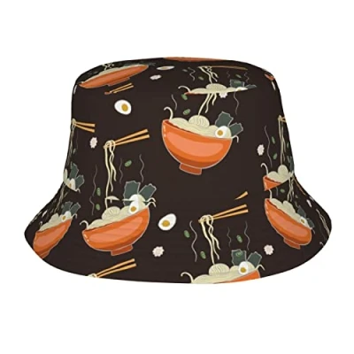 Image of Helves Ramen Noodle Soup Pattern Bucket Hat Fisherman Hats Packable Sun Cap Outdoor Summer Travel Beach for Women Men Unisex Black