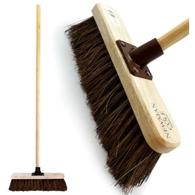 Image of 12 Outdoor Garden Broom with Wooden Handle Natural Stiff Bassine Hard Bristle Durable Support Bracket Yard Brush Heavy Duty Cleaning Sweeping (PACK OF 1)