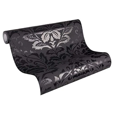 Image of Livingwalls Non Woven Wallpaper Flock with Ornaments Baroque 10.05 m x 53 cm Black Made in Germany 255426 2554 26