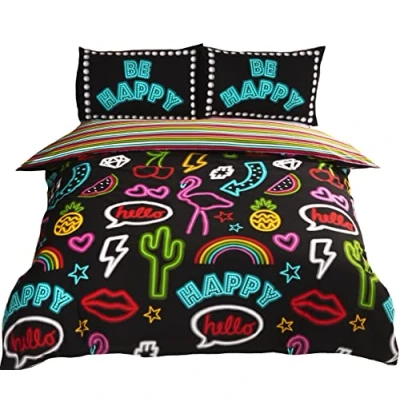 Image of Rapport Art Funky Neon Reversible Striped Duvet Cover Bed Set, Polycotton, Black, King
