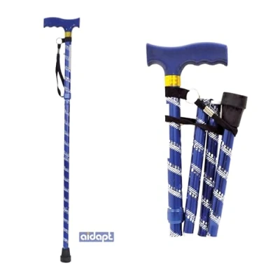 Image of Aidapt Patterned Fold Down Adjustable Height Lightweight Walking Stick with Anti Slip Ferrule Foot to Aid Stability and Confidence when Supplied a Hanging Carry Strap Wood Handle