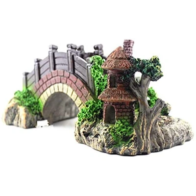 Image of Youery Aquarium Decoration Plants with Rockery View,Aquarium Resin Arch Bridge Pavilion Tree Garden Decor Fish Tank Landscape Ornament