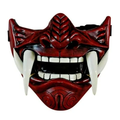Image of asky Japanese Hannya Mask Demon Oni Samurai Noh Kabuki Prajna Devil Half Face Cosplay (Red), M
