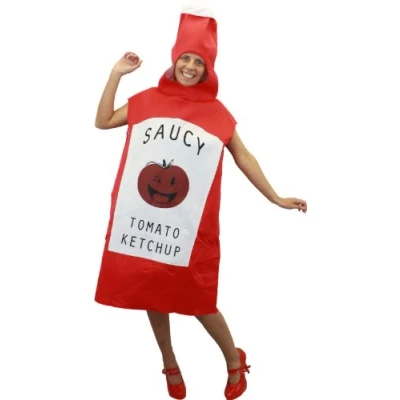 Image of LADIES SAUCY TOMATO KETCHUP BOTTLE FANCY DRESS COSTUME NOVELTY RED SAUCE FOOD ONE SIZE UPTO UK 18