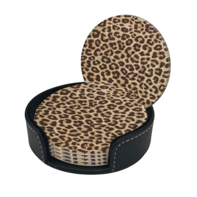 Image of Leopard Pattern Print Round Leather Coasters Set Of 6, Ultra Fiber Pu