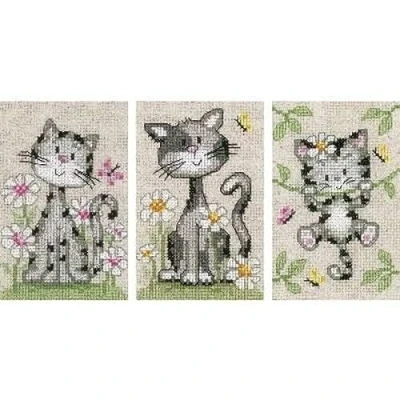 Image of Vervaco Cats and Flowers Counted Cross Stitch Kit, Set of 3, Multi Colour