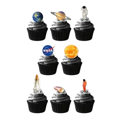 Image of 27 Stand Up Space Rocket Planets Themed Edible Wafer paper Cake Toppers Decorations