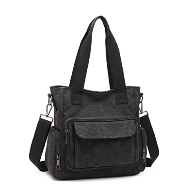 Image of Kono Canvas Women Handbag Casual Hobo Shoulder Bag Top Handle Crossbody Tote Bags for Work Travel Shopping (Black)