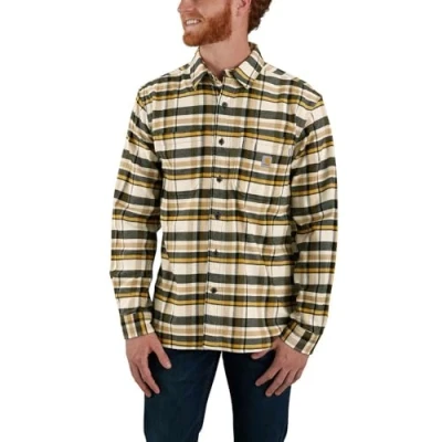 Image of Carhartt 106352 Rugged Flex Relaxed Fit Midweight Flannel Long Sleeve Plaid Shirt MALT S