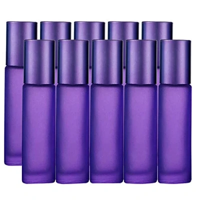Image of JamHooDirect 10Pcs, 10ml Essential Oils Roller Bottles, Empty Refillable Colorful Frosted Glass Roll on Bottles with 1 Opener &amp; Dropper, Perfect for Aromatherapy, Fragrance, Perfume (Purple Color)