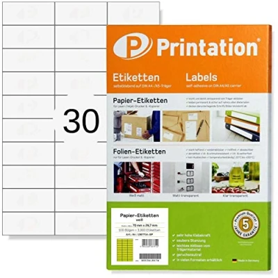 Image of Printation Universal Labels 70 x 29.7 mm White 750 Self Adhesive Printable on 25 DIN A4 Sheets 3 10 30 per Sheet Sticker for Labelling 3489 4456