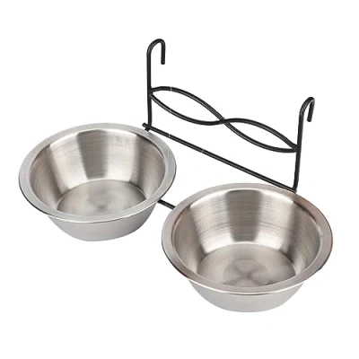 Image of Stainless Steel Double Hanging Dog Bowl Pet Feeding Station Water and Food Bowls with Hook for Small Dogs Cats