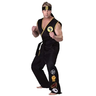 Image of Adult Cobra Kai Fancy Dress Costume Mens, Official Karate Kid Sleeveless Black Gi Uniform Halloween Outfit X Large