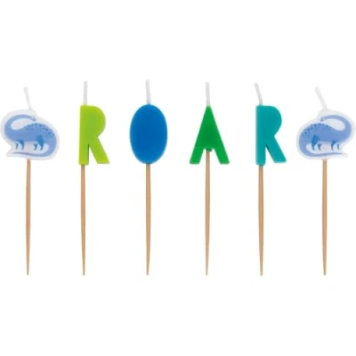 Image of Blue &amp; Green Dinosaur Pick Birthday Candles (10cm) Unique Vibrant Wax Figures Cake Decor Ideal for Kids Parties Dino Themed Celebrations 6ct