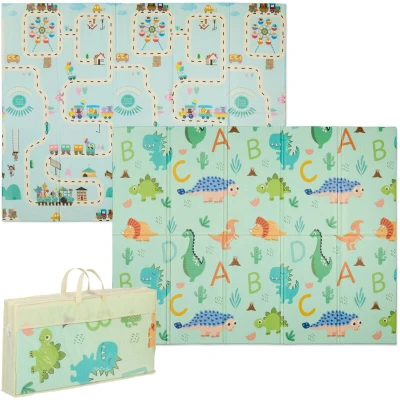 Image of Relaxdays Foldable Two Sided Play Mat, Dino &amp; Train Motif for Children, Non Toxic, 200 x 150 cm, XPE Foam, Colourful