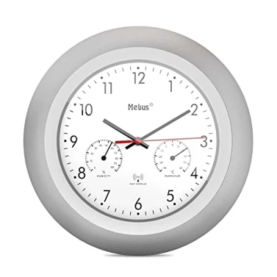 Image of Mebus Radio Controlled Wall Clock with Thermometer and Hygrometer/Silver Frame/White Dial/29 cm Diameter/Round/Model: 19450/Colour: Silver, White