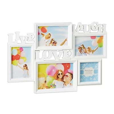 Image of Relaxdays Picture Frame Live Love Laugh, Hanging Gallery for 5 Photos in Various Sizes, 3D Collage, 31x45.5, White