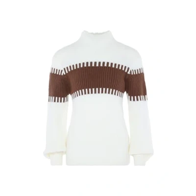 Image of FENIA Women&#039;s Damen Stylischer Strickpullover mit Stehkragen Acryl Wollweiss Braun Größe XL/XXL Pullover Sweater, Wool White Brown