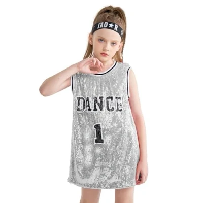 Image of LOLANTA Girls Sequins Dance Costume Hip Hop Dancewear Sparkle Sleeveless Tank Top Dress, Silver, 5 6 Years, Tag 120