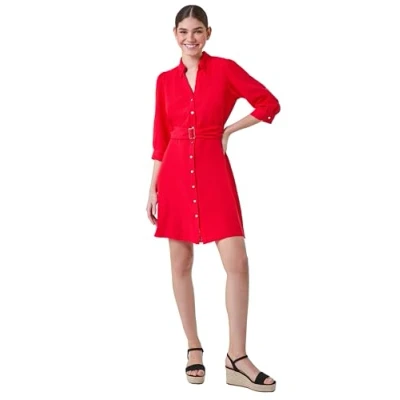 Image of Roman Originals Shirt Dress for Women UK Ladies Belted Collared Midi Maxi Summer Smart Casual Button Through Evening Office A Line Swing Skater Spring Holiday Vacation Red Size 18