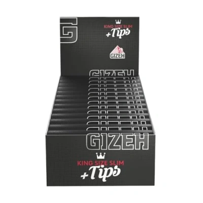 Image of Giza 15558 Black Long Paper King Size Slim 25 BOOKLETS Plus Tips with 34 Full Box Of 14 G/M2