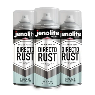 Image of JENOLITE Directorust Spray Paint Satin Finish DUCK EGG BLUE 3 x 400ml Direct To Rust for Metal All In One Multi Surface Metal, Wood, Plastic, Ceramic BS 16C33