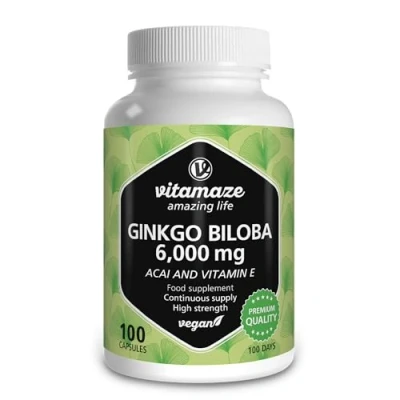 Image of Ginkgo Biloba Capsules 6000mg with Acai, L Carnitine and Vitamin E 100 Days Supply Memory Energy Booster Gingko Extract 50:1 Supplement Without Additives