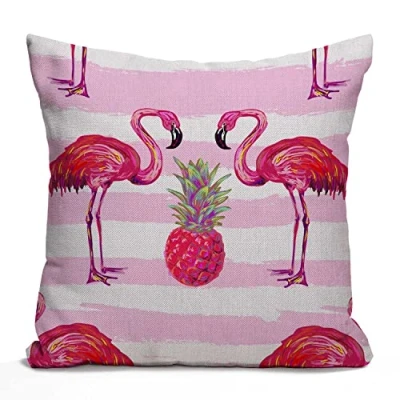 Image of Tomda Summer Tropical Pattern with Flamingo and Pineapple Cotton Linen Cushion Cover Throw Pillow Case Home Office Decorative for Sofa Living Room Square 45x45cm 18x18 Inches