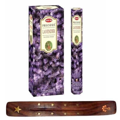 Image of HEM Lavender incense sticks Full box of 6 with DHS stick holder for Spirituality,Spa,Yoga,Meditation,Healing,Aromatherapy and Relaxation…