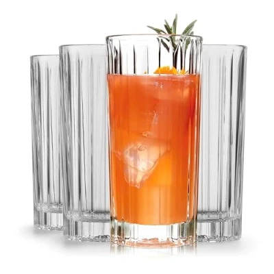 Image of Libbey Flashback Tumbler Glasses Set of 4, Timeless Ridged Cut, 16 Oz Glass Cups, Vintage Inspired Tall Drinking for Birthdays, Parties