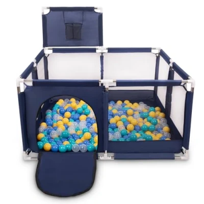 Image of Selonis Square Play Pen Filed with 200 Balls Basketball, Blue:Turquoise/Blue/Yellow/Transparent