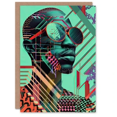 Image of Artery8 Greeting Card Futuristic African Man Shades Portrait Teal Bold Blank For Him Or Her Art Birthday
