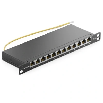 Image of deleyCON Cat 6a 0.5U Patch Panel, 12 Port, Metal, Black, Rack Mount, Compatible with Server &amp; Desktop, CAT5e/CAT6/CAT6a/CAT7 Cables