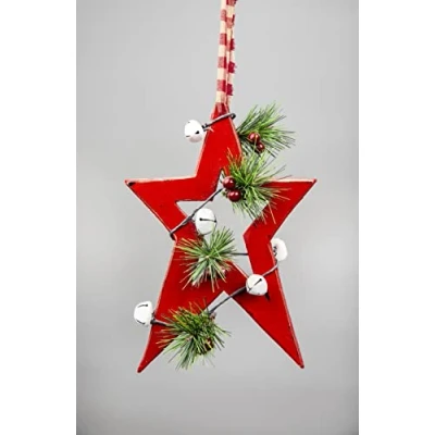 Image of SHATCHI 26cm Red Wooden Star Wall Hanging Ornament Decorated with White Bells Berries and Pines Christmas Holiday Home Decorations, 18x1.2x26 cm