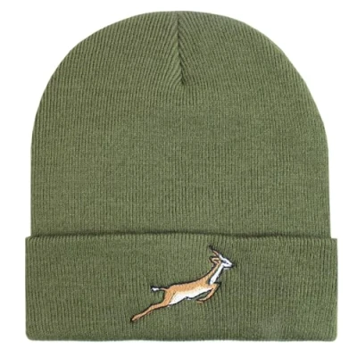 Image of TeddyT&#039;s Springbok Embroidered Luxury Soft Rib Beanie Hat (Khaki Green)
