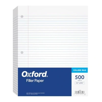 Image of Oxford Filler Paper, 8 1/2&quot; x 11&quot;, College Rule, 3 Hole Punched, Loose Leaf Paper for Ring Binders, 500 Sheets Per Pack (62349),White
