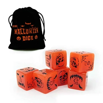 Image of Bescon Halloween Dice D6 6pcs Set Luminous Orange, Glowing in Dark 6 Sided Velvet Pouch