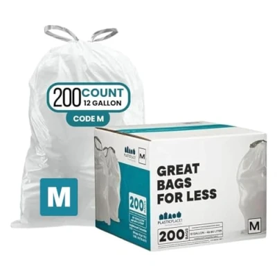 Image of Plasticplace Trash Bags simplehuman (x) Code M Compatible (200 Count)│White Drawstring Garbage Liners 12 Gallon / 45 Liter │ 21.5&quot; x 30.75&quot;